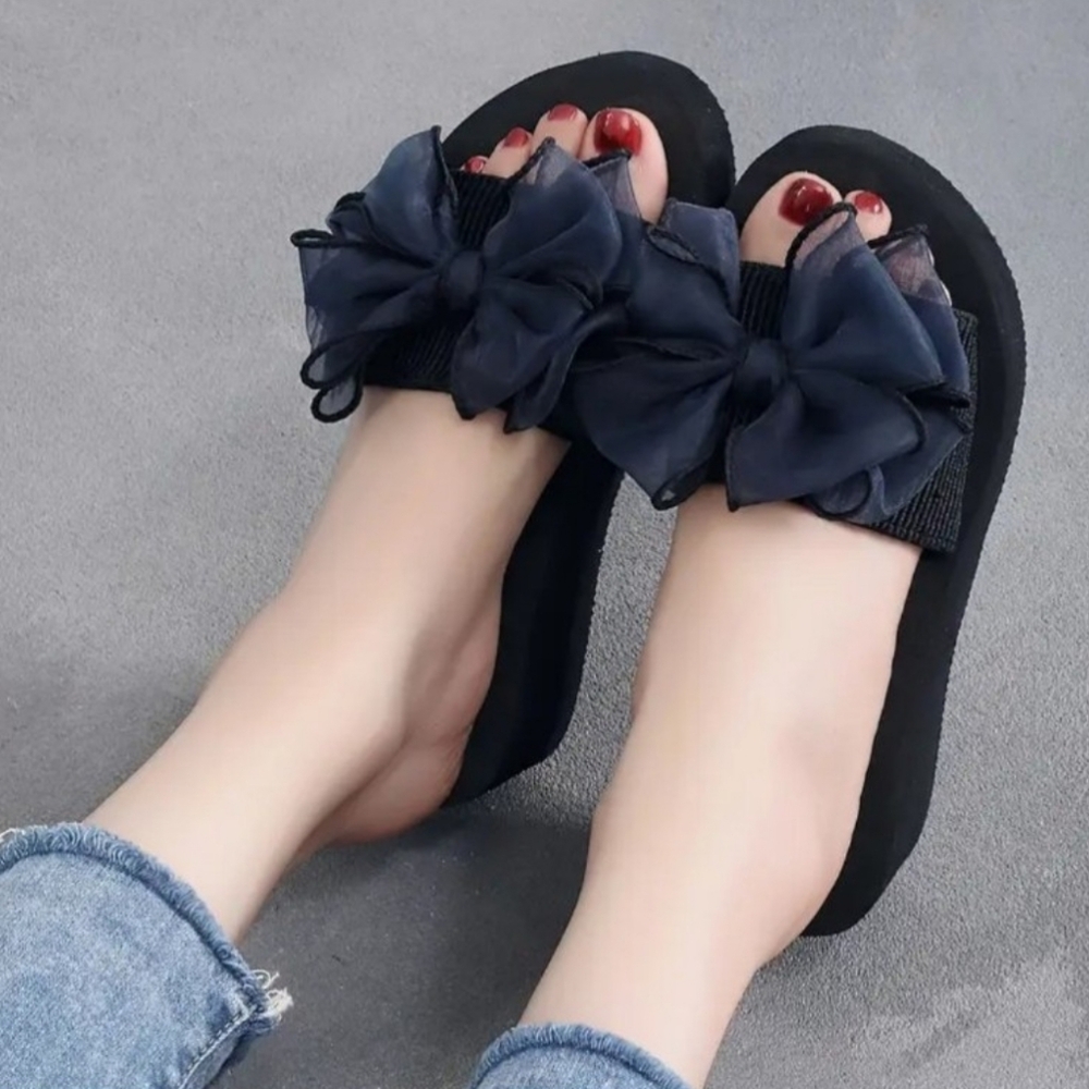 🐎NEW! Navy And Black Bow Knot Wedge Sandals 6 - Picture 3 of 3